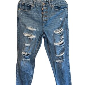 We the Free People High Rise Button Fly Straight Leg Distressed Jeans EUC